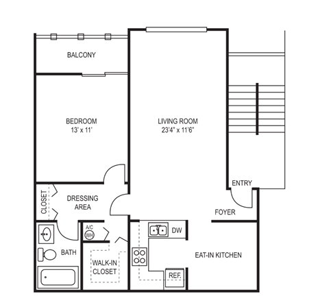 Floor plan for 1 bed, 1 bath, 800 sqft
